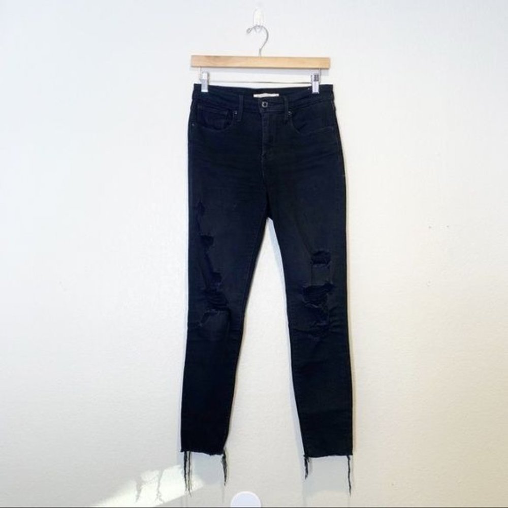 Levi's Black 721 High Rise Distressed Raw Hem Skinny Jeans 27